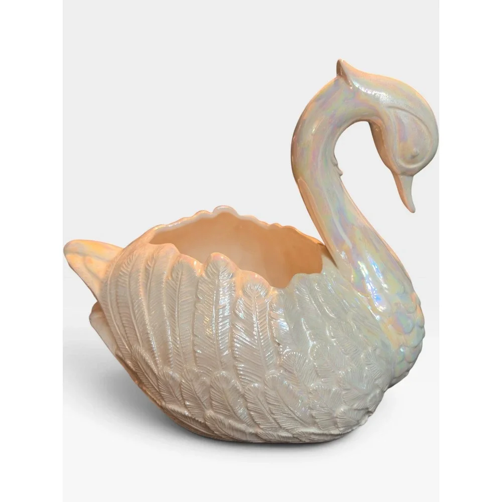Vintage Iridescent Pearlized Ceramic Swan Planter Figurine Vase 7.5 Inch 80s